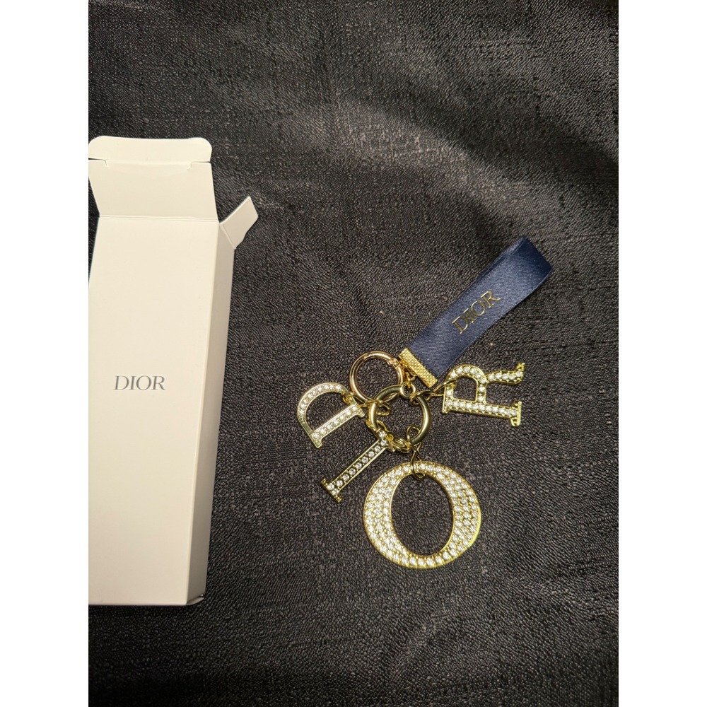 Dior Gold Tone Crystal Letter Charm Keychain Navy Blue Ribbon with Box